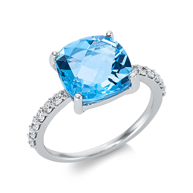 Ring 18 kt WG, 12 Brill. 0,26 ct, TW-si, 1 Topas 4,72 ct blau
