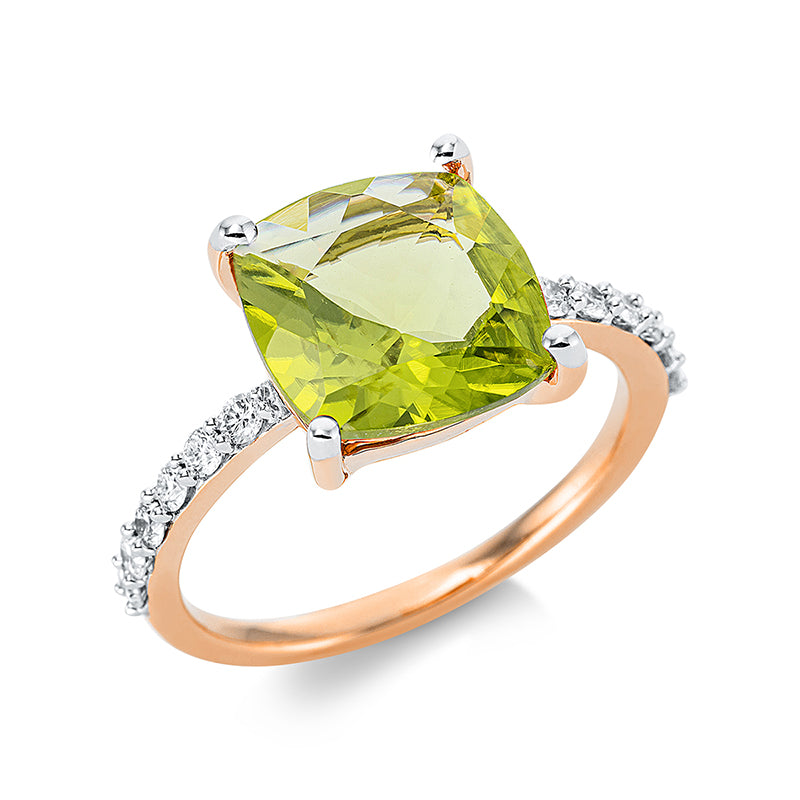 Ring 18 kt GG, 12 Brill. 0,26 ct, TW-si, 1 Peridot 3,64 ct grün