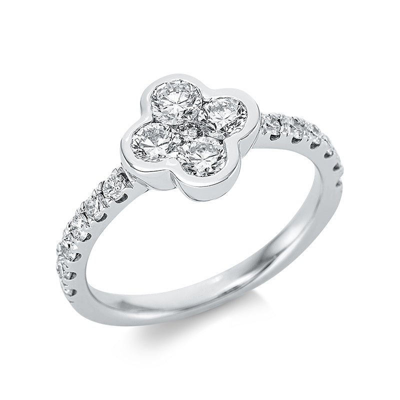 Ring 18 kt WG, 12 Brill. 0,32 ct, TW-si, 4 Brill. 0,61 ct, TW-si, 1 Brill. 0,02 ct, TW-si