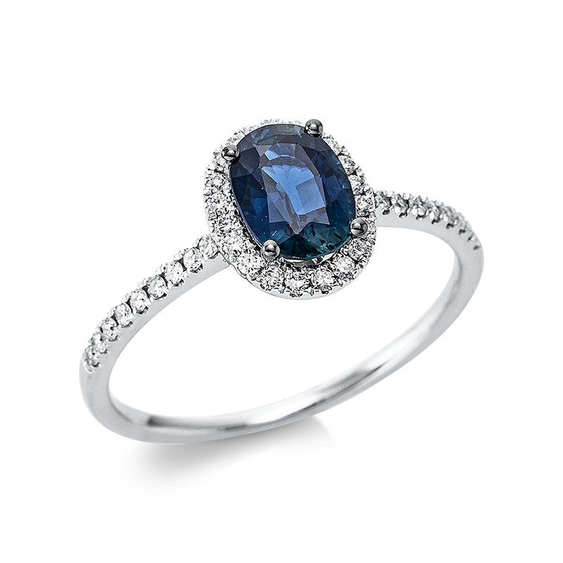 Ring 18 kt WG, 38 Brill. 0,19 ct, TW-si, 1 Saphir 1,10 ct blau
