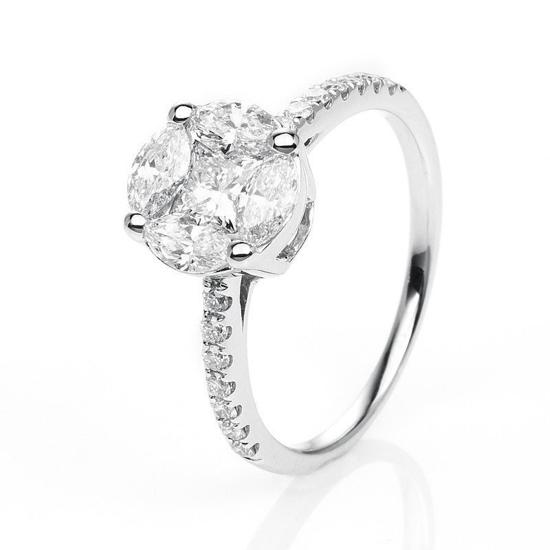 Ring 18 kt WG. 1 Princ. 0.43 ct. TW-si. 4 Navette 0.76 ct. TW-si. 14 Brillanten 0.18 ct. TW-si. Weite:54
