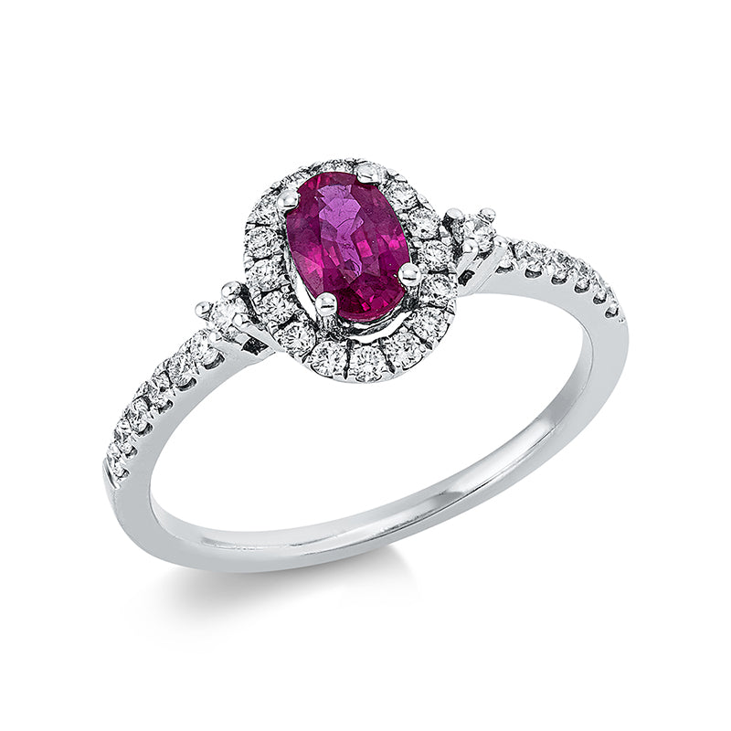 Ring 18 kt WG, 30 Brill. 0,30 ct, TW-si, 1 Rubin 0,61 ct rot