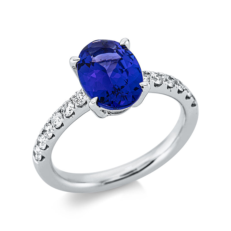 Ring 18 kt WG, 12 Brill. 0,42 ct, TW-si, 1 Tansanit 3,71 ct blau