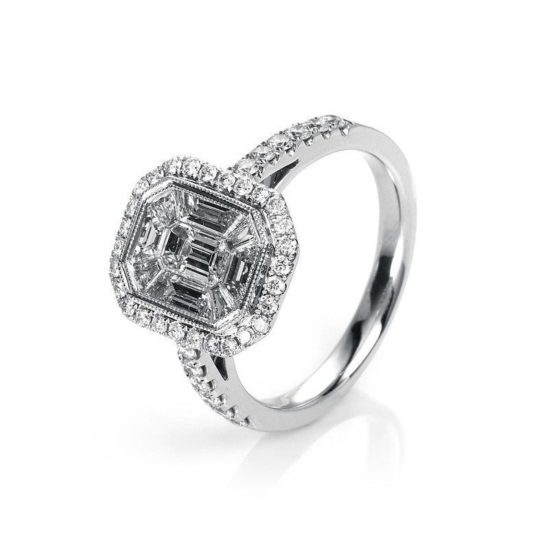 Ring 18 kt WG, 6 Bag. 0,31 ct, TW-si, 2 Bag. 0,35 ct, TW-si, 1 Bag. 0,32 ct, TW-si, 40 Brill. 0,48 ct, TW-si