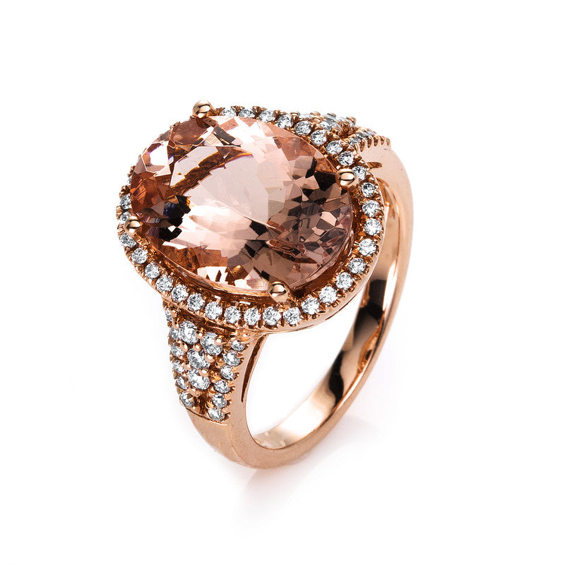 Ring 14 kt RG, 68 Brill. 0,42 ct, TW-si, 1 Morganit 5,74 ct rosé