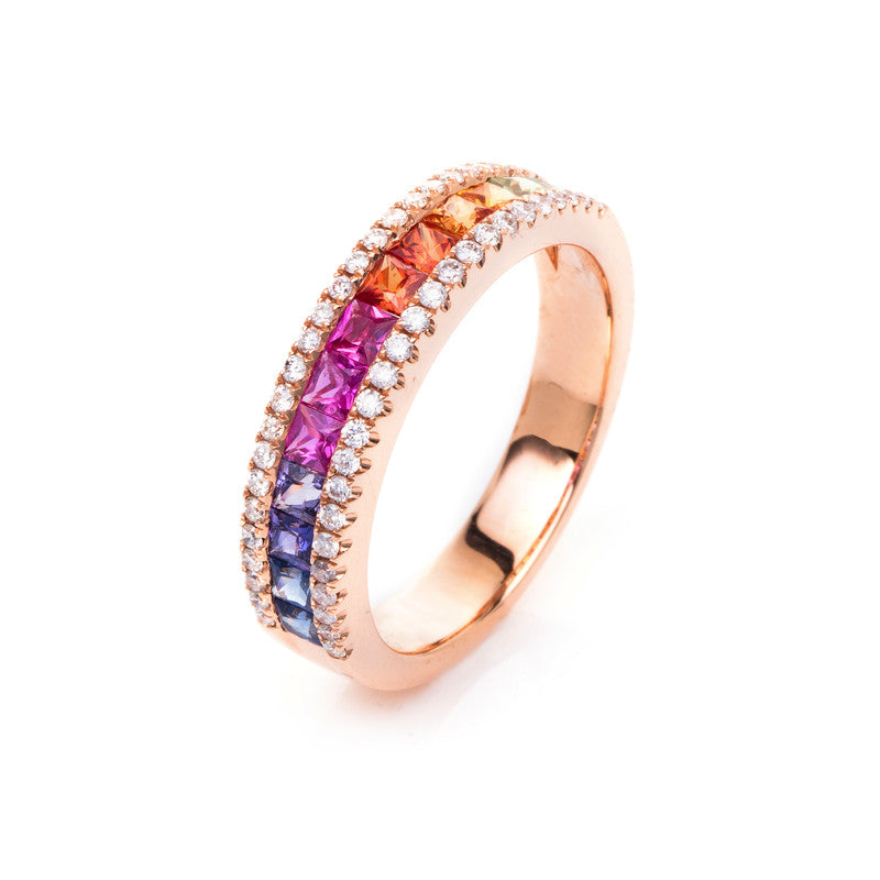 Ring 18 kt RG, 50 Brill. 0,24 ct, TW-si, 13 Saphire 0,94 ct fancy
