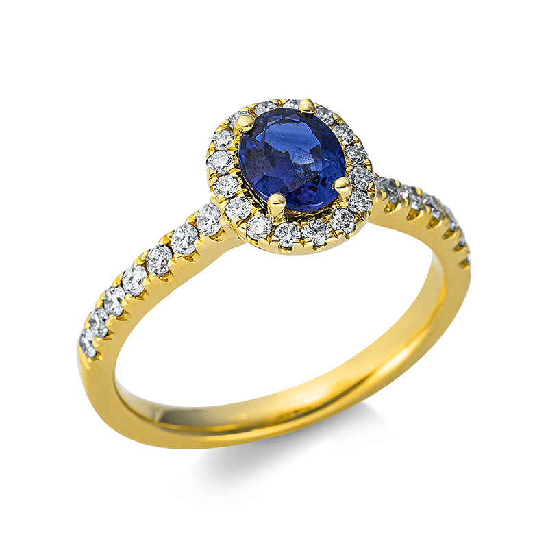 Ring 18 kt GG, 30 Brill. 0,36 ct, TW-si, 1 Saphir 0,80 ct blau