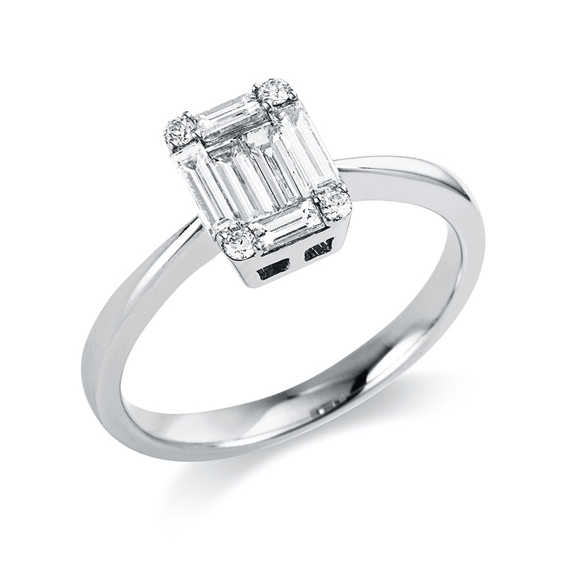 Ring 18 kt WG, 2 Bag. 0,11 ct, TW-vsi, 4 Bag. 0,42 ct, TW-vsi, 4 Brill. 0,07 ct, TW-si