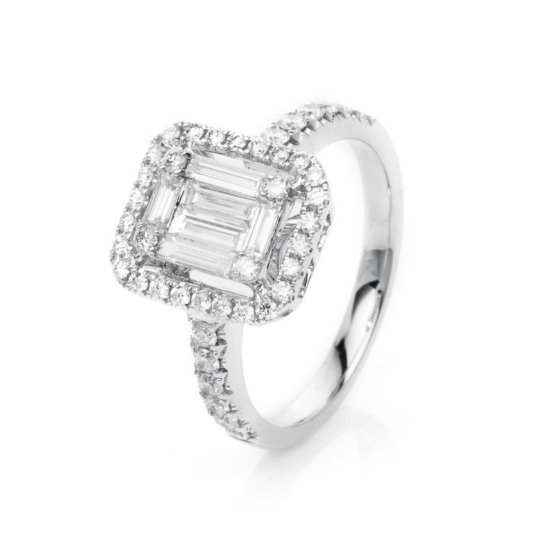 Ring 18 kt WG, 2 Bag. 0,08 ct, TW-vsi, 4 Bag. 0,32 ct, TW-vsi, 42 Brill. 0,47 ct, TW-vsi
