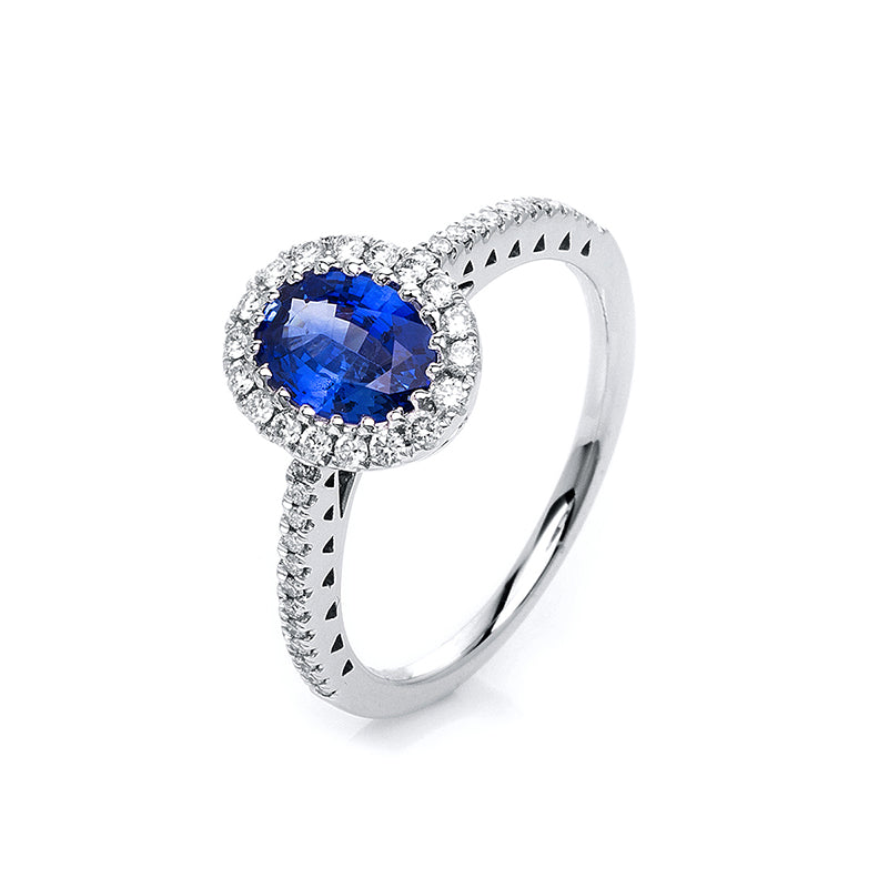Ring 18 kt WG, 42 Brill. 0,25 ct, TW-vsi/si, 1 Saphir 1,08 ct blau