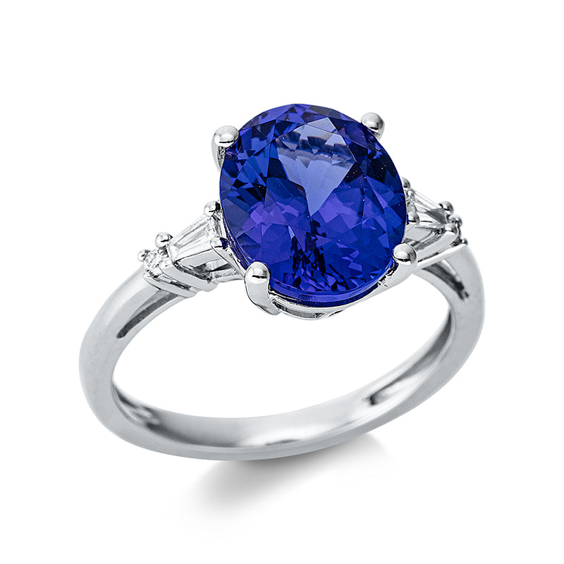 Ring 14 kt WG, 2 Bag. 0,08 ct, TW-si, 2 Brill. 0,02 ct, TW-si, 1 Tansanit 3,52 ct blau