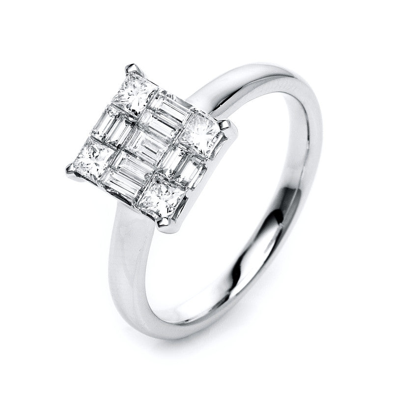 Ring 18 kt WG, 4 Princ. 0,38 ct, TW-si, 9 Bag. 0,39 ct, TW-si