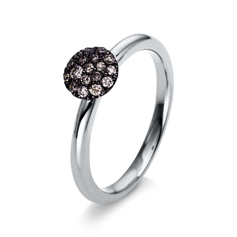 Ring 18 kt WG, Fassung schwarz rhodiniert, 18 Brill. 0,19 ct, braun