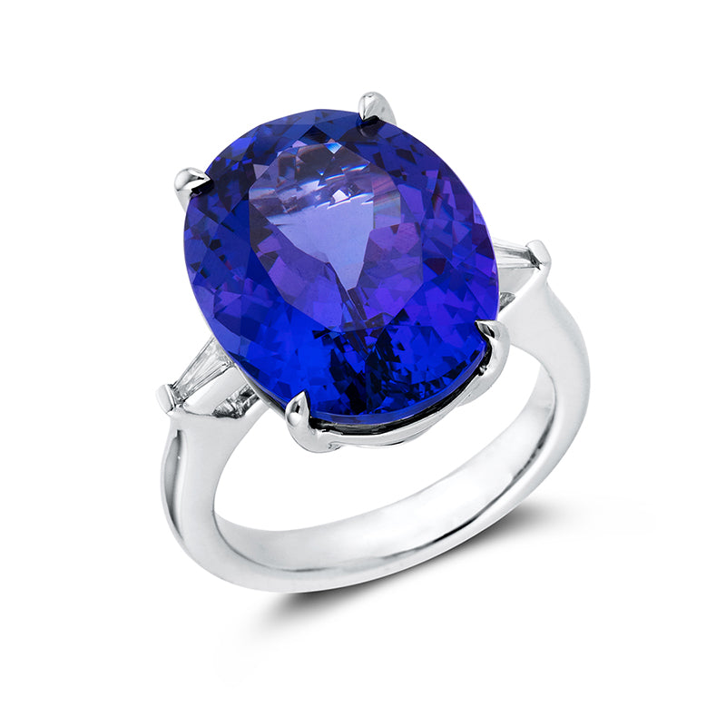 Ring 18 kt WG, 2 Bag. 0,15 ct, TW-si, 1 Tansanit 15,91 ct blau