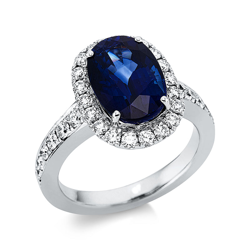 Ring 18 kt WG, GRS2020-038612, 32 Brill. 0,92 ct, TW-si, 1 Saphir 5,95 ct blau