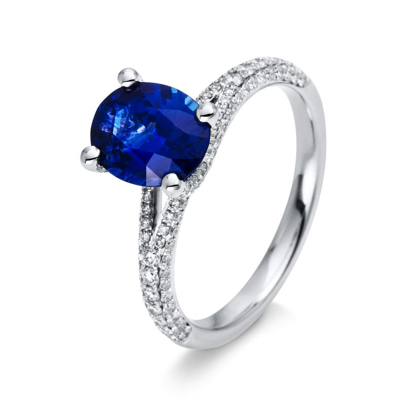 Ring 18 kt WG, 154 Brill. 0,55 ct, TW-vsi, 1 Saphir 2,17 ct blau
