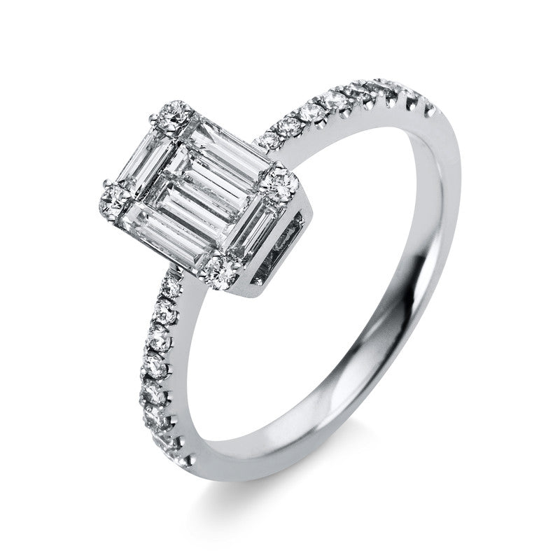 Ring 18 kt WG, 2 Bag. 0,11 ct, TW-vsi, 4 Bag. 0,31 ct, TW-vsi, 20 Brill. 0,26 ct, TW-vsi