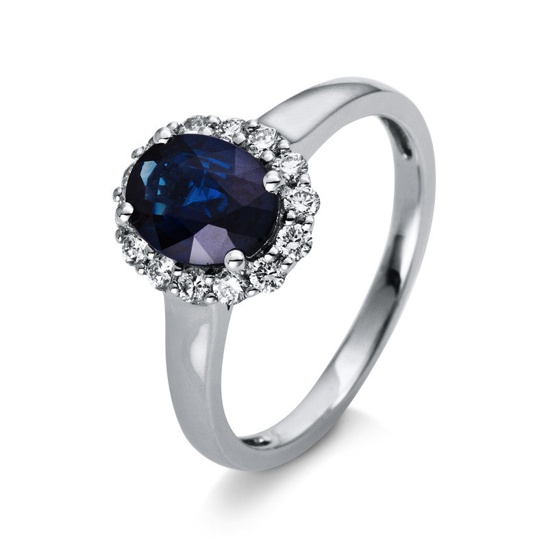 Ring 18 kt WG, 14 Brill. 0,29 ct, TW-si, 1 Saphir 1,74 ct blau