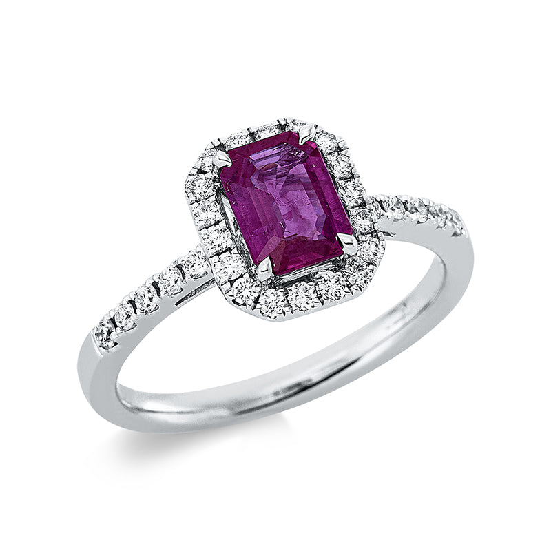 Ring 18 kt WG, 28 Brill. 0,30 ct, TW-si, 1 Rubin 1,00 ct rot