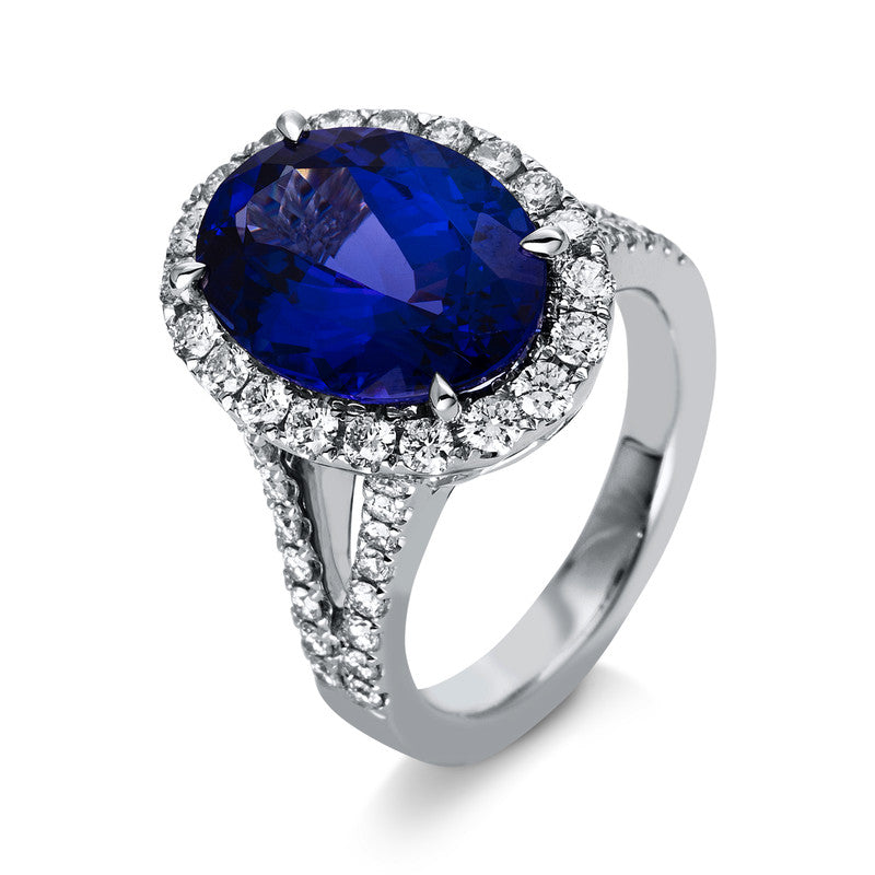 Ring 18 kt WG, 54 Brill. 1,27 ct, TW-si, 1 Tansanit 10,17 ct blau