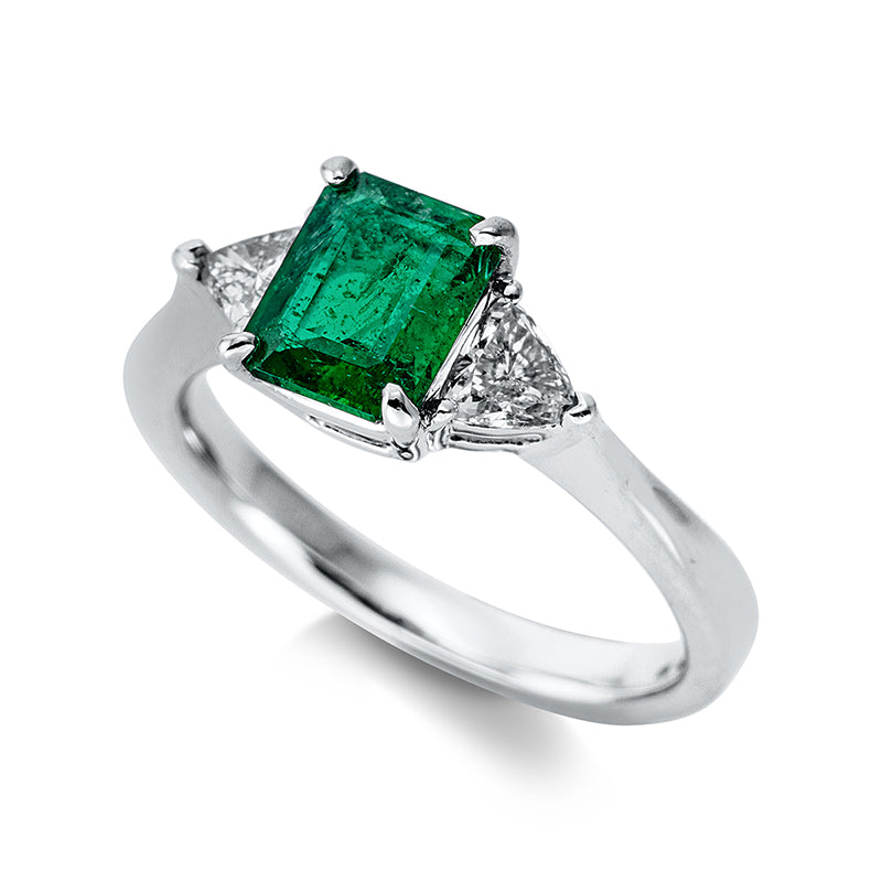 Ring 4er-Krappe 18 kt WG. 2 Triangel 0.38 ct. TW-si. 1 Smaragd 1.17 ct grün. Weite:54.5