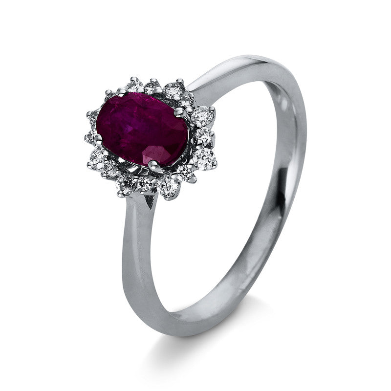 Ring 18 kt WG, 16 Brill. 0,15 ct, TW-si, 1 Rubin 0,69 ct rot
