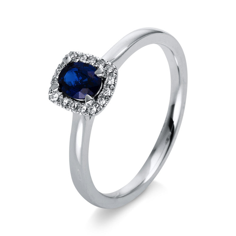 Ring 4er-Krappe 18 kt WG. 16 Brillanten 0.06 ct. TW-si. 1 Saphir 0.44 ct blau. H:23.5 mm. B:20.2 mm. Weite:53