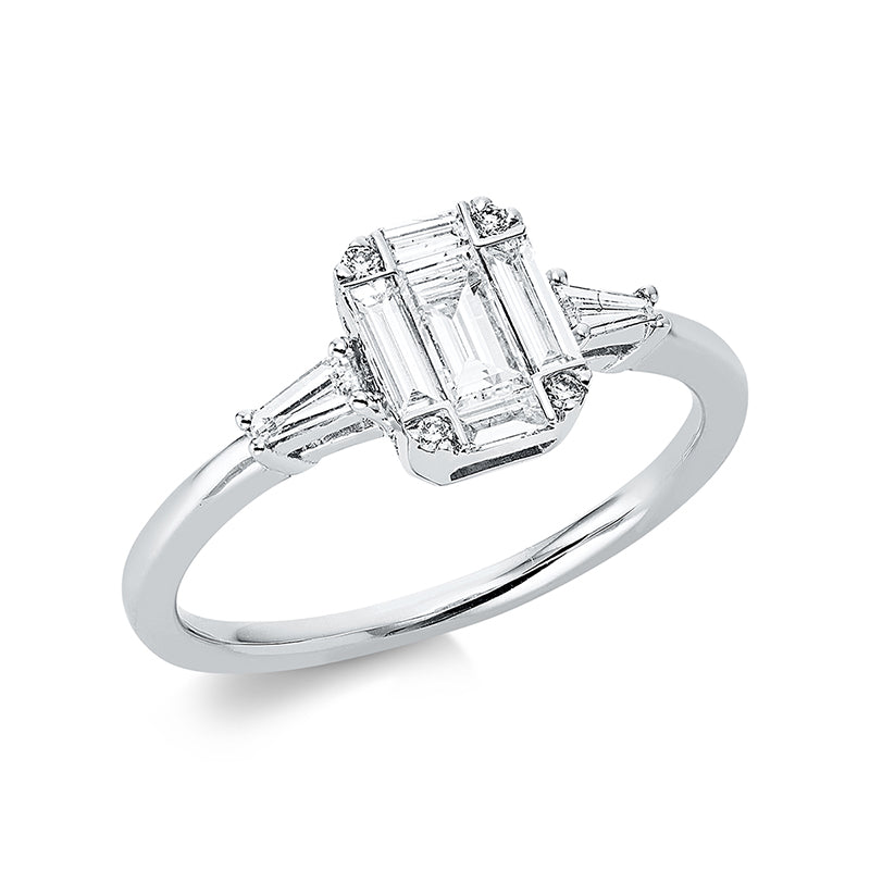 Ring 18 kt WG, 2 Trap. 0,09 ct, TW-si, 5 Bag. 0,40 ct, TW-si, 4 Brill. 0,02 ct, TW-si