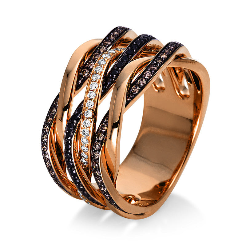 Ring 18 kt RG, teils schwarz rhodiniert, 40 Brill. 0,21 ct, W-si, 38 Brill. 0,20 ct, schwarz, 74 Brill. 0,38 ct, braun