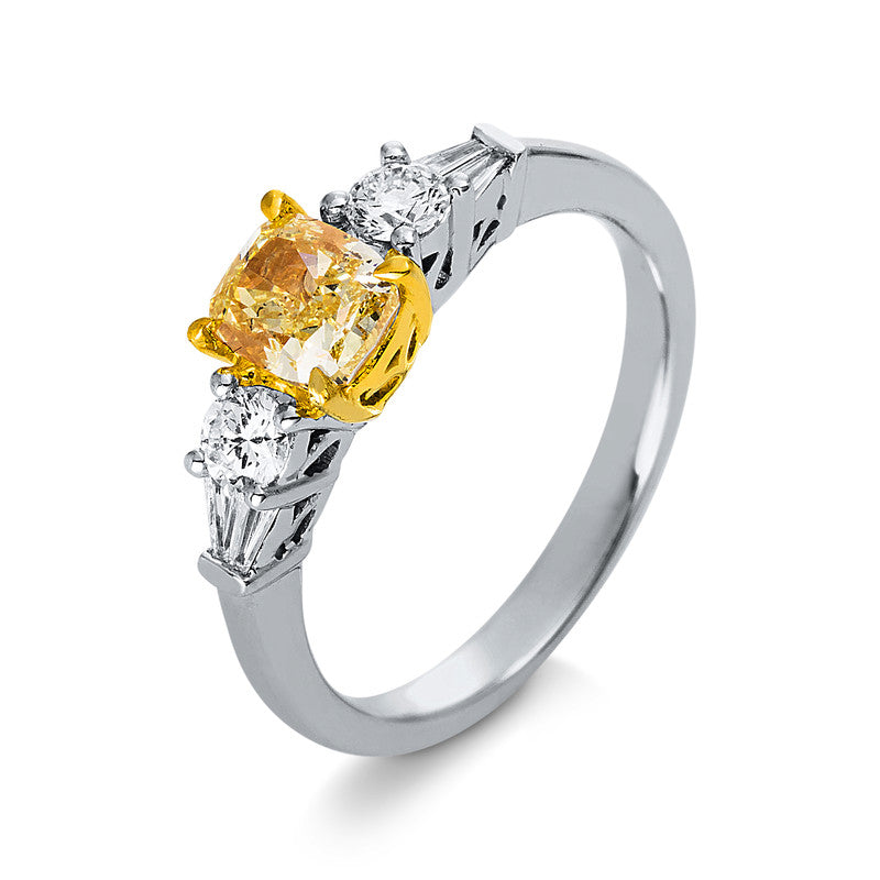 Ring 4er-Krappe 18 kt WG+GG. GIA 5463983429. 2 Baguette 0.12 ct. TW-si. 1 Dia. 1.05 ct. gelb-si2. 2 Brillanten 0.14 ct. TW-si. Weite:54