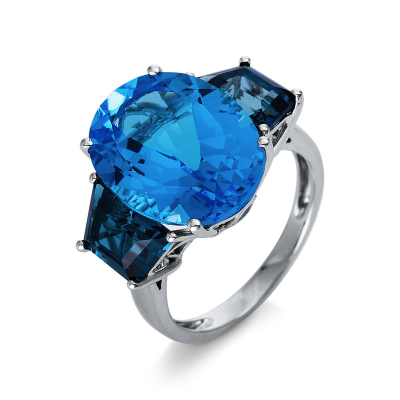 Ring 18 kt WG, 1 Blautopas 11,00 ct blau, 2 Blautopase 3,60 ct Lond. blue