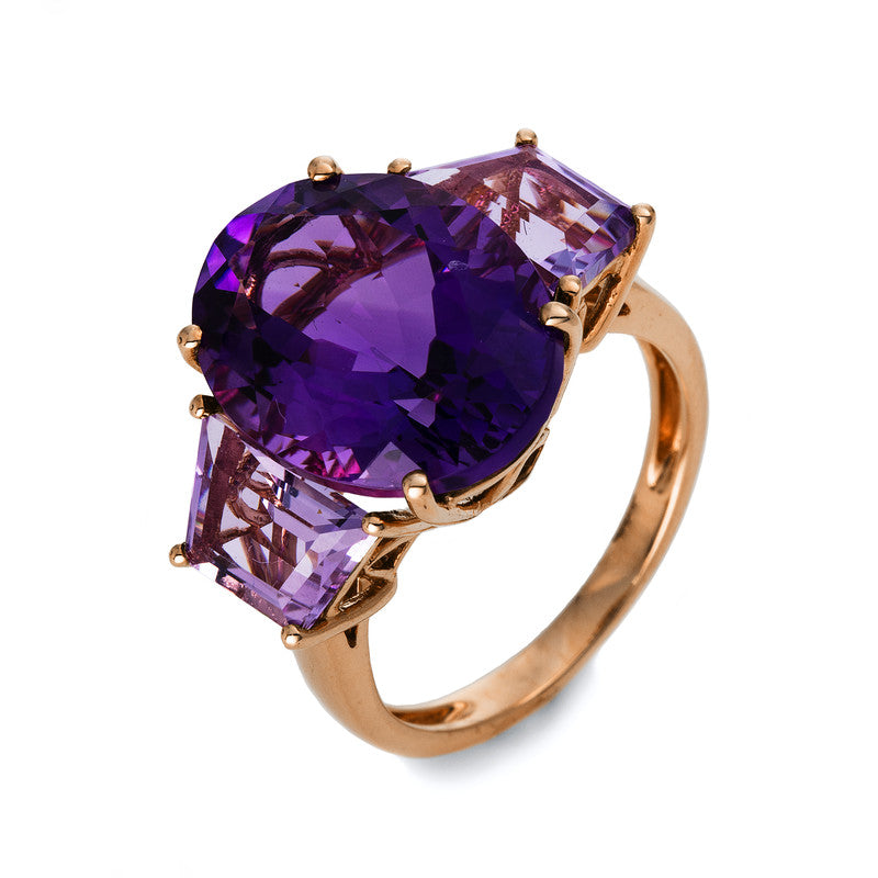 Ring 18 kt RG, 1 Amethyst 9,20 ct lila, 2 Amethyste 2,60 ct pink