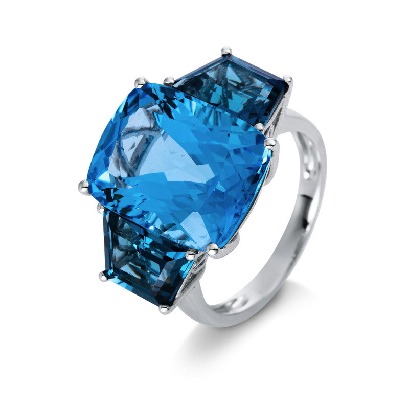 Ring 18 kt WG, 1 Topas 13,60 ct blau, 2 Topase 4,60 ct Lond. blue