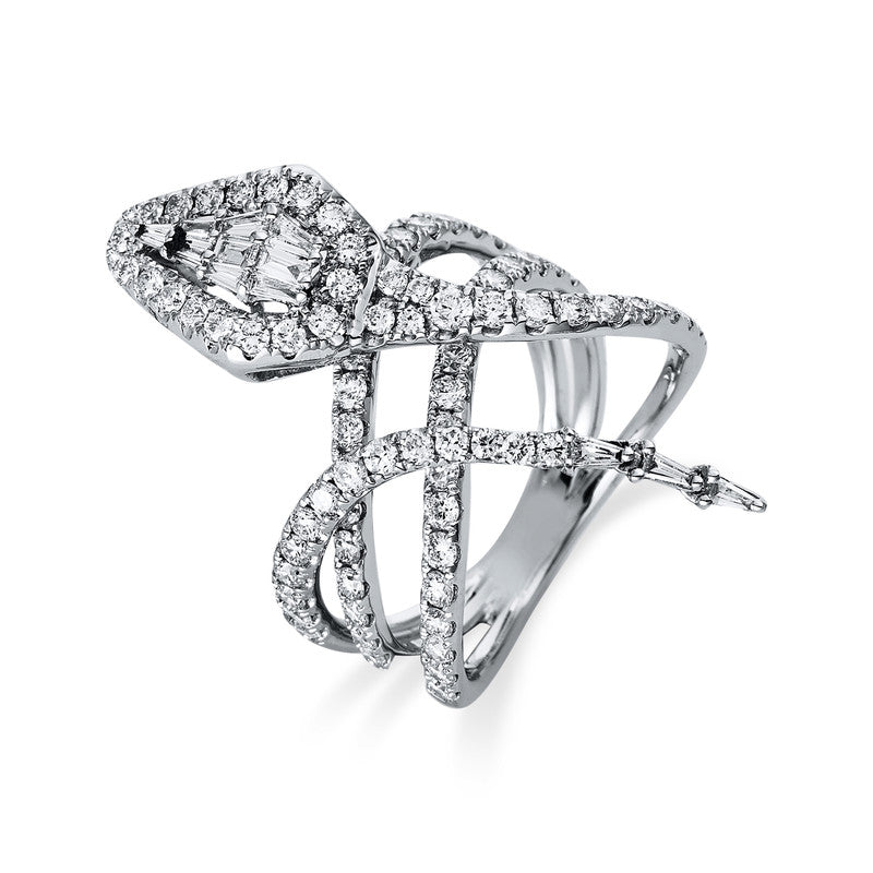 Ring 18 kt WG Schlange. 82 Brillanten 1.37 ct. TW-si. 10 Trapeze 0.18 ct. TW-si. 2 Baguette 0.06 ct. TW-si. Weite:53
