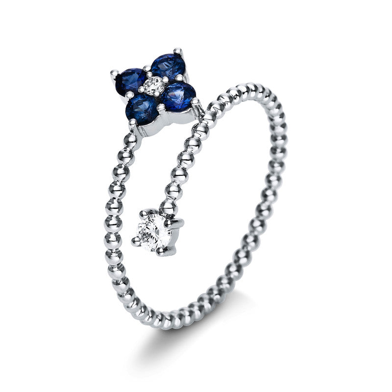 Ring 18 kt WG, 2 Brill. 0,09 ct, TW-si, 4 Saphire 0,37 ct blau