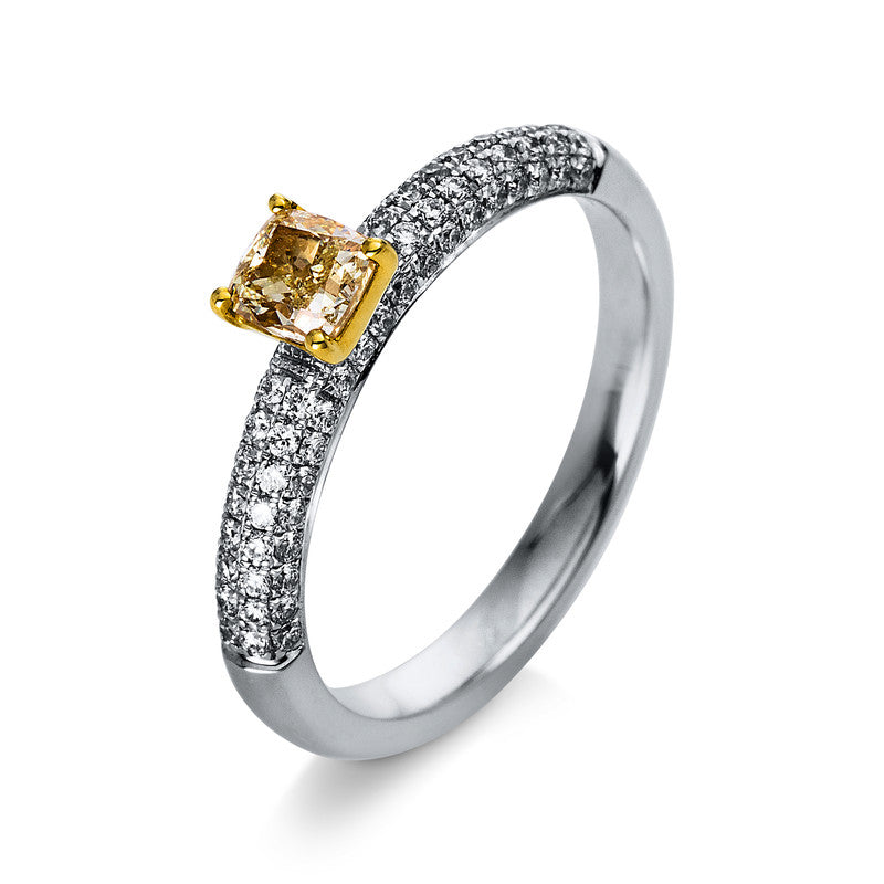 Ring 4er-Krappe 18 kt WG+GG. 72 Brillanten 0.34 ct. TW-vsi. 1 Cushion 0.44 ct. gelb. Weite:54