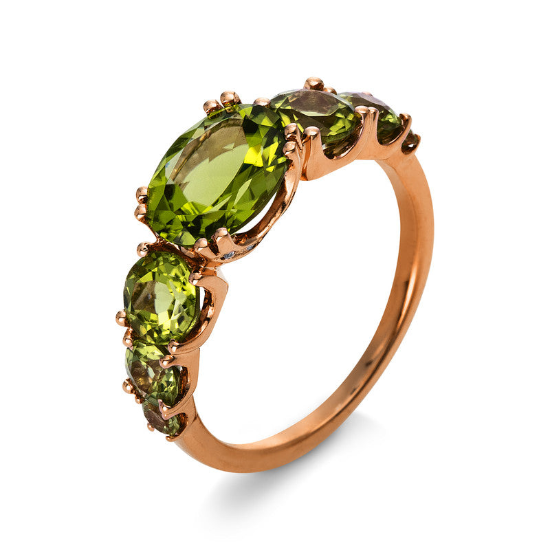 Ring 18 kt RG, 18 Brill. 0,03 ct, TW-si, 2 Peridot 0,13 ct grün, 1 Peridot 2,11 ct grün, 4 Peridot 1,41 ct grün