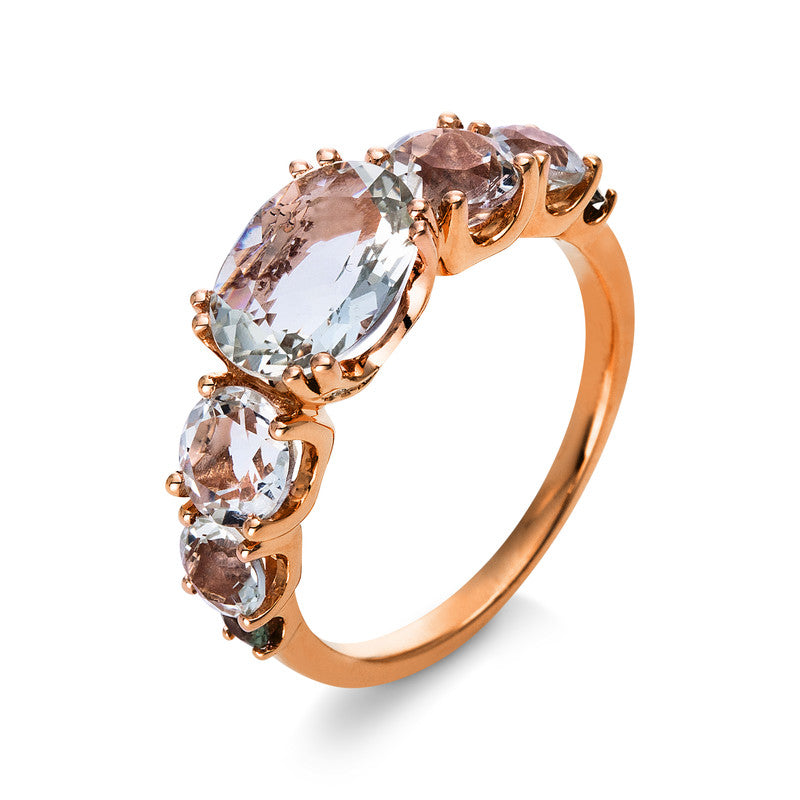 Ring 18 kt RG, 18 Brill. 0,03 ct, TW-si, 2 Saphire 0,19 ct grün, 1 Amethyst 1,87 ct grün, 4 Amethyste 1,52 ct grün