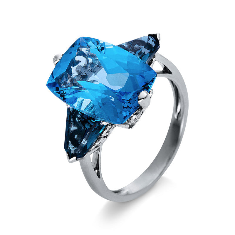 Ring 18 kt WG, 1 Topas 8,60 ct blau, 2 Topase 2,30 ct Lond. blue