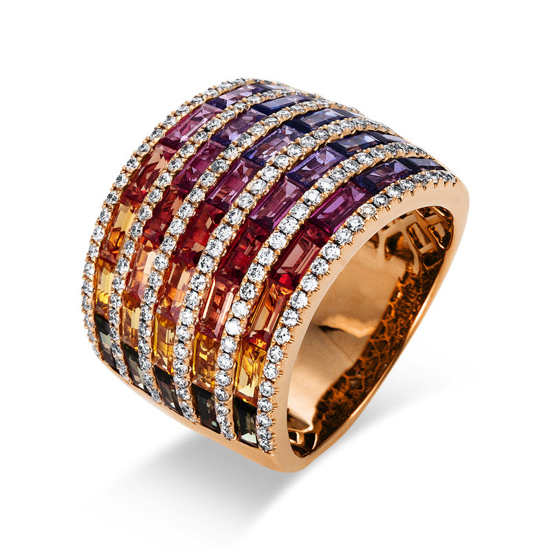 Ring 18 kt RG, 150 Brill. 0,73 ct, TW-si, 38 Saphire 5,21 ct multicolor