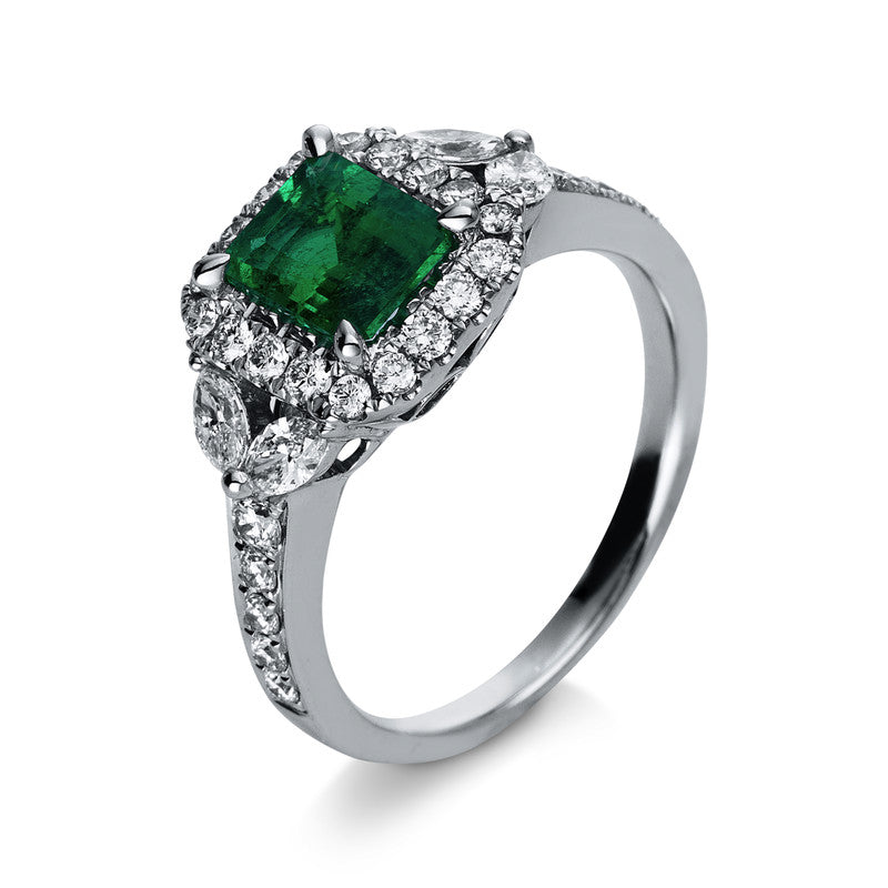 Ring 18 kt WG, 4 Nav. 0,34 ct, TW-si, 28 Brill. 0,50 ct, TW-si, 1 Smaragd 1,06 ct grün