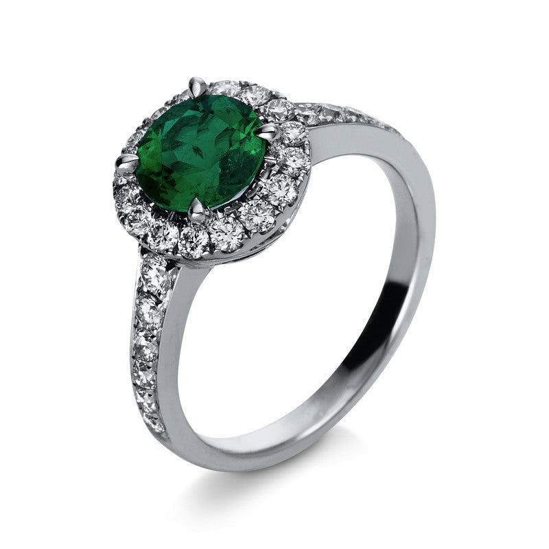Ring 4er-Krappe 18 kt WG. 28 Brillanten 0.69 ct. TW-si. 1 Smaragd 1.24 ct grün. Weite:54
