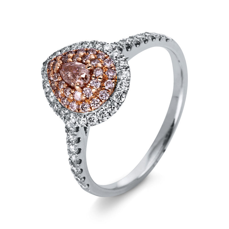 Ring 3er-Krappe 18 kt WG+RG. 38 Brillanten 0.36 ct. TW-si. 1 Tropfen 0.16 ct. pink. 31 Brillanten 0.12 ct. pink. Weite:54