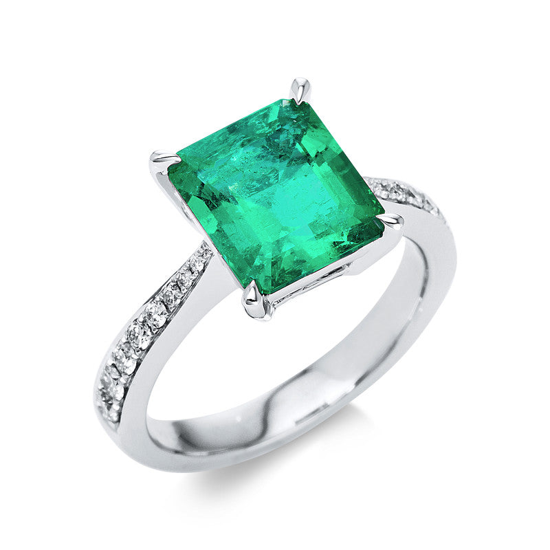 Ring 4er-Krappe 18 kt WG. 16 Brillanten 0.28 ct. TW-si. 1 Smaragd 3.04 ct grün. H:9.7 mm. B:10.8 mm. Weite:54.5