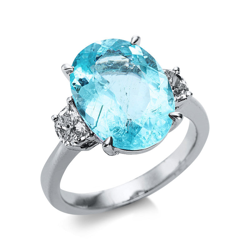 Ring 18 kt WG, 2 Halbmond 0,48 ct, TW-si, 1 Paraiba 6,86 ct paraiba