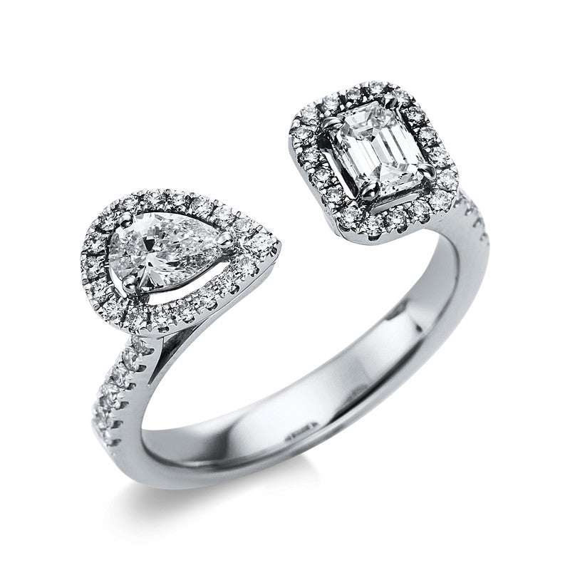 Ring 18 kt WG. 1 Tropfen 0.28 ct. TW-si. 1 Sm.schliff 0.41 ct. TW-si. 48 Brillanten 0.32 ct. TW-si. Weite:54