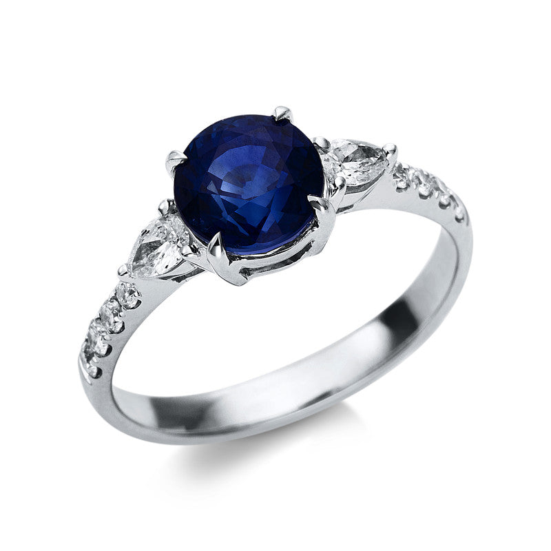 Ring 4er-Krappe 18 kt WG. 2 Tropfen 0.21 ct. TW-si. 8 Brillanten 0.12 ct. TW-si. 1 Saphir 2.33 ct blau. B:6.8 mm. Weite:54