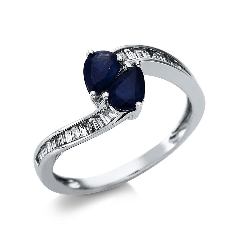 Ring 18 kt WG. 29 Baguette 0.35 ct. TW-si. 2 Saphire 0.89 ct blau. Weite:54
