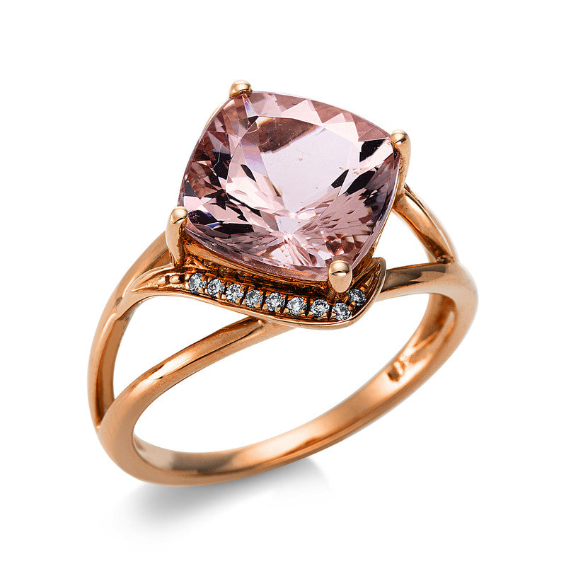 Ring 4er-Krappe 14 kt RG. 18 Brillanten 0.07 ct. TW-si. 1 Morganit 3.67 ct rosé. Weite:54