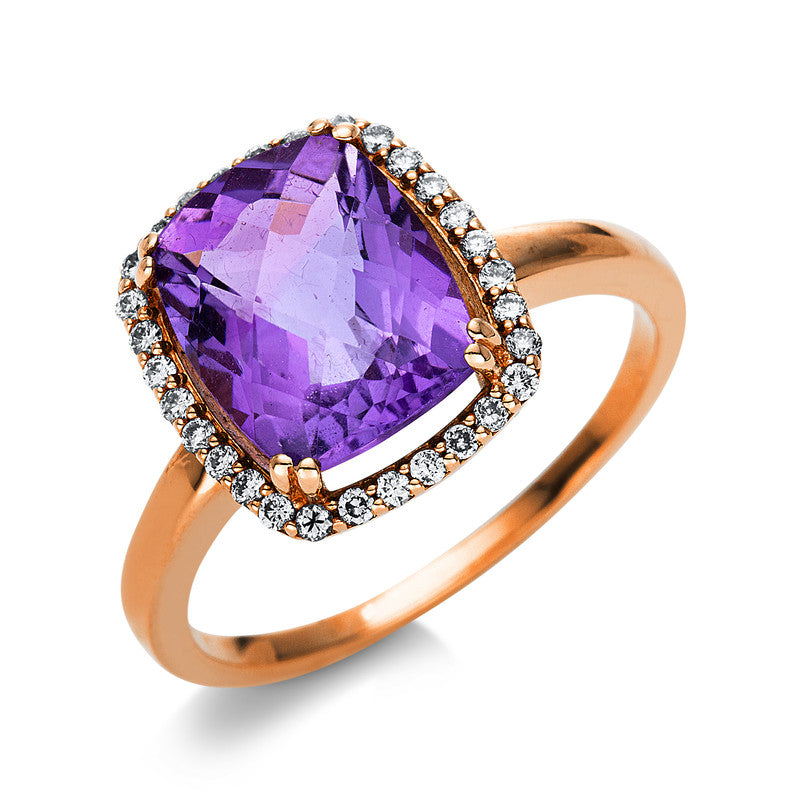 Ring 14 kt RG. 30 Brillanten 0.17 ct. TW-vsi/si. 1 Amethyst 2.64 ct lila. H:11.0 mm. B:12.6 mm. Weite:50